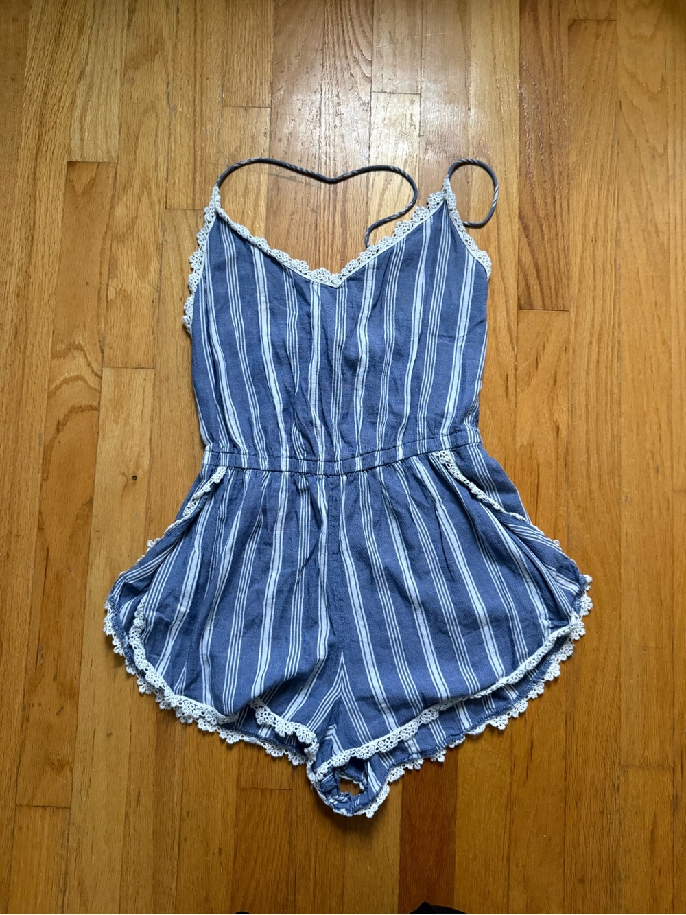 Abercrombie & Fitch Blue and White Striped Lace-Trim Romper